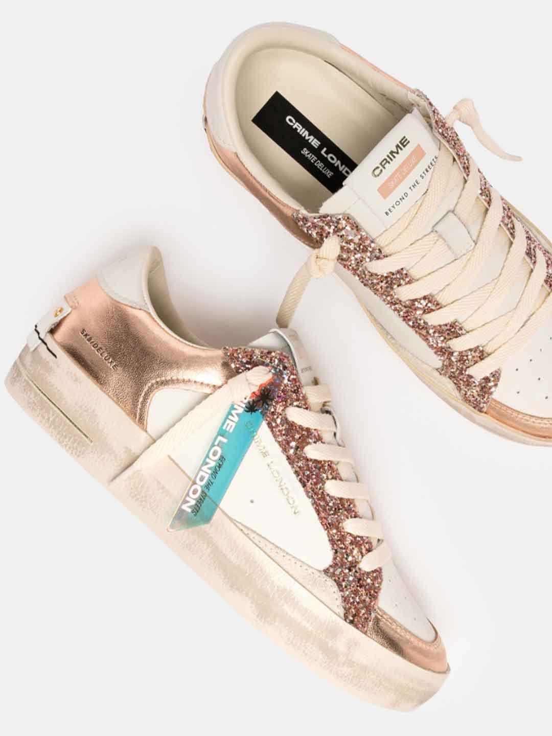 Crime Sk8 Deluxe sneakers bianco con glitter oro rosa