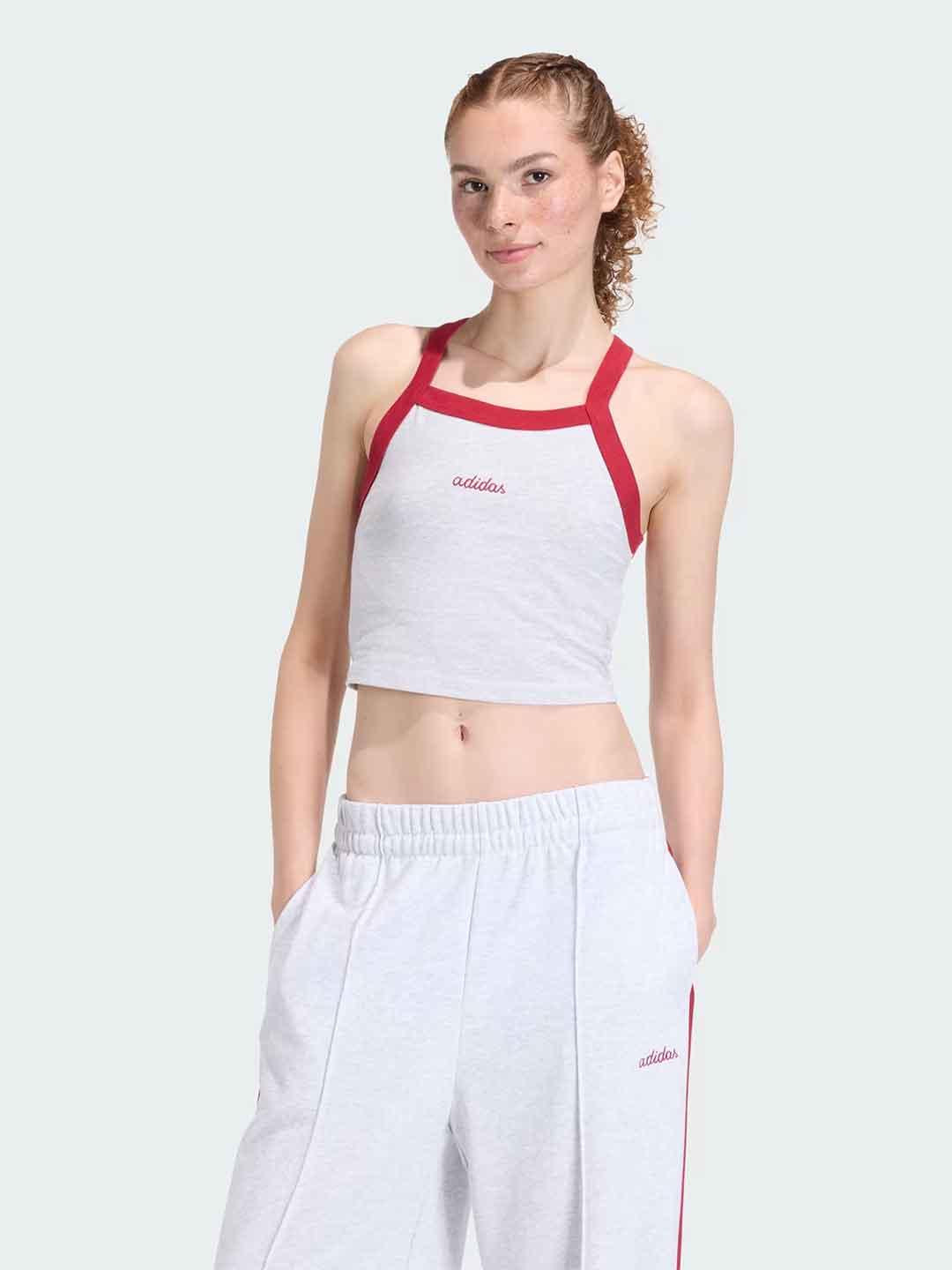 Adidas top grigio con grafica ricamata