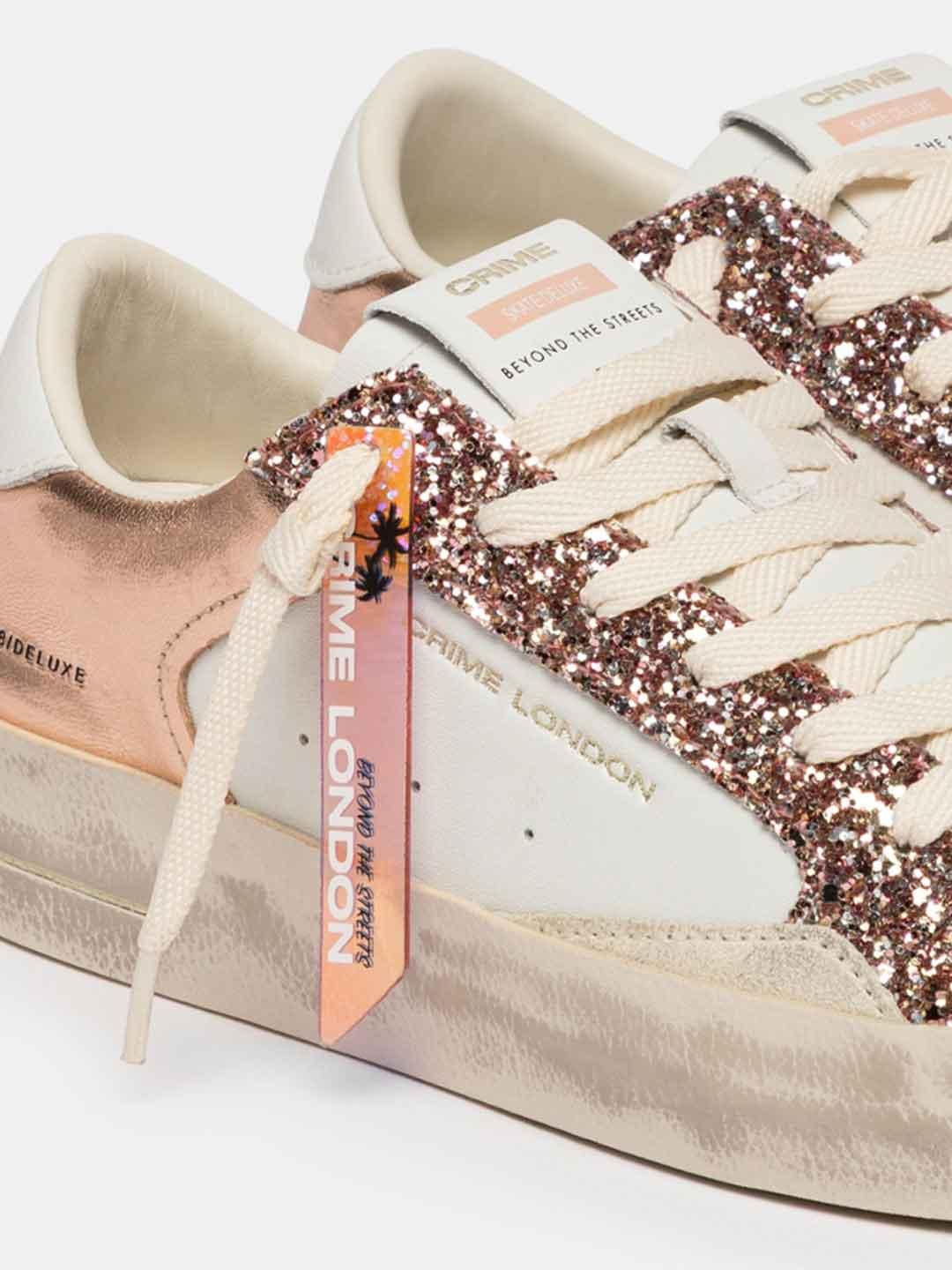 Crime Sk8 Deluxe sneakers bianco con glitter oro rosa
